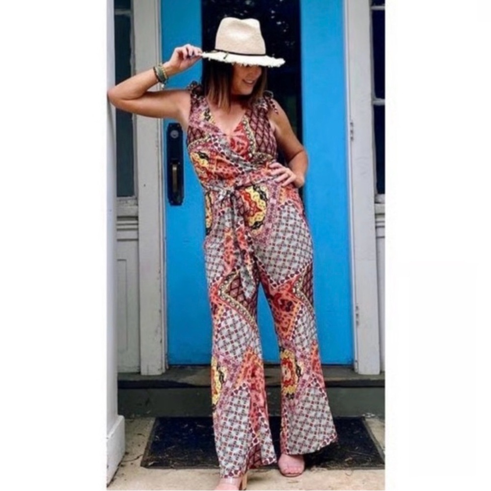 Anthropologie Harlyn Mairi patchwork jumpsuit romper wide leg bohemian m medium